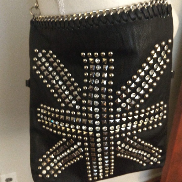 Black Leather Biker Bag w/ chains and rhinestones - Picture 2 of 5